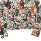 Womens White Orange Brown Abstract Print Button Top Long Sleeve Collar M Stylish