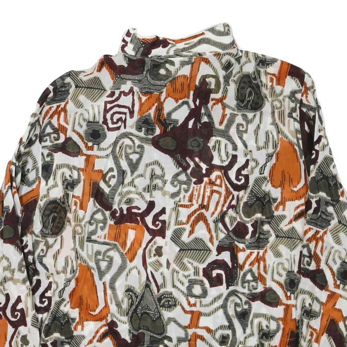 Womens White Orange Brown Abstract Print Button Top Long Sleeve Collar M Stylish