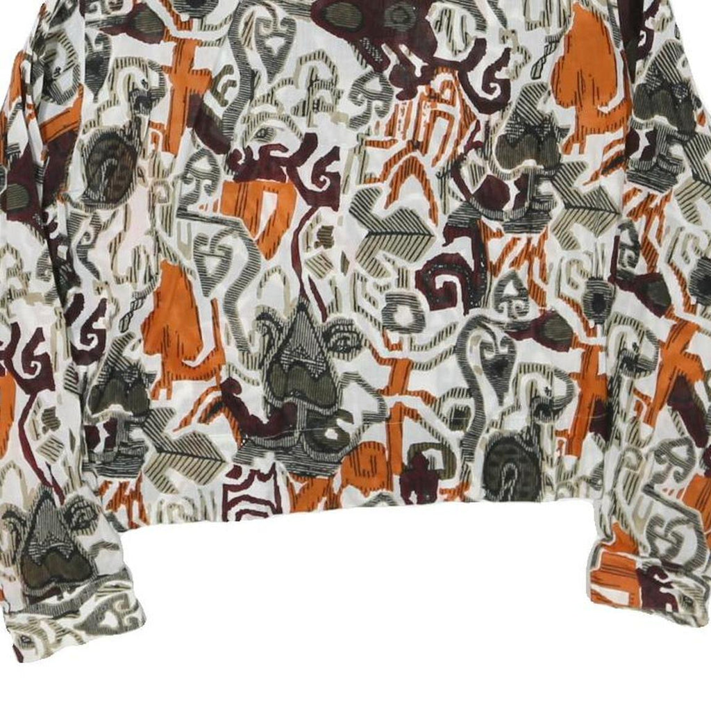 Womens White Orange Brown Abstract Print Button Top Long Sleeve Collar M Stylish