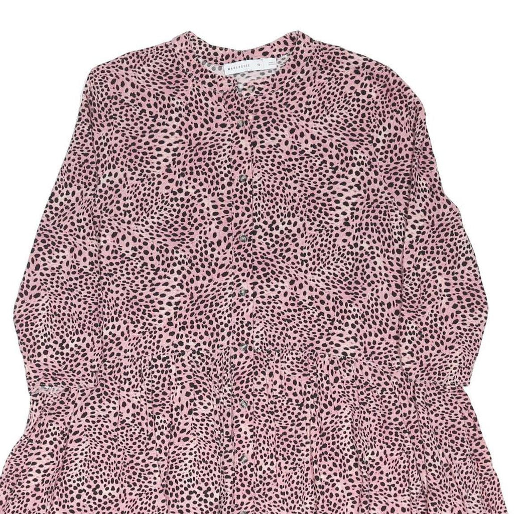 WAREHOUSE Womens Pink & Black Spot Print Day Viscose Dress Long Sleeve Midi UK