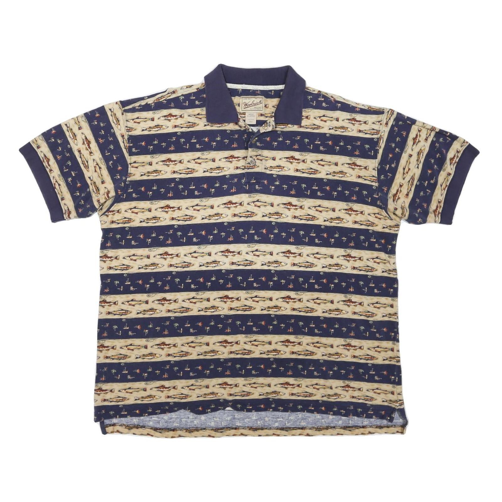 WOOLRICH Mens Navy & Beige Fish Pattern Short Sleeve Polo Shirt XL Casual Cotton