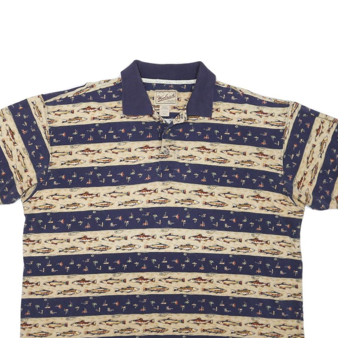 WOOLRICH Mens Navy & Beige Fish Pattern Short Sleeve Polo Shirt XL Casual Cotton