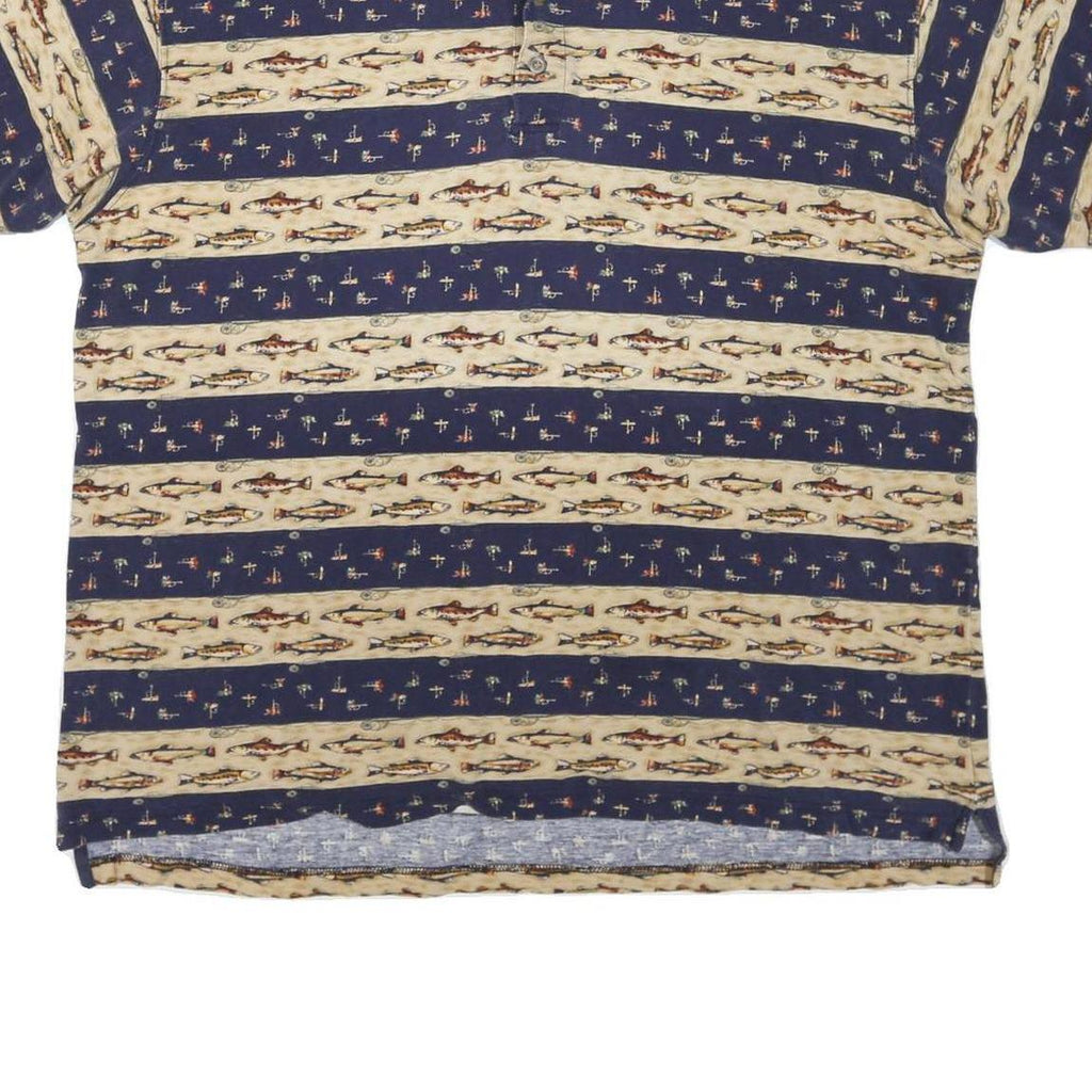 WOOLRICH Mens Navy & Beige Fish Pattern Short Sleeve Polo Shirt XL Casual Cotton