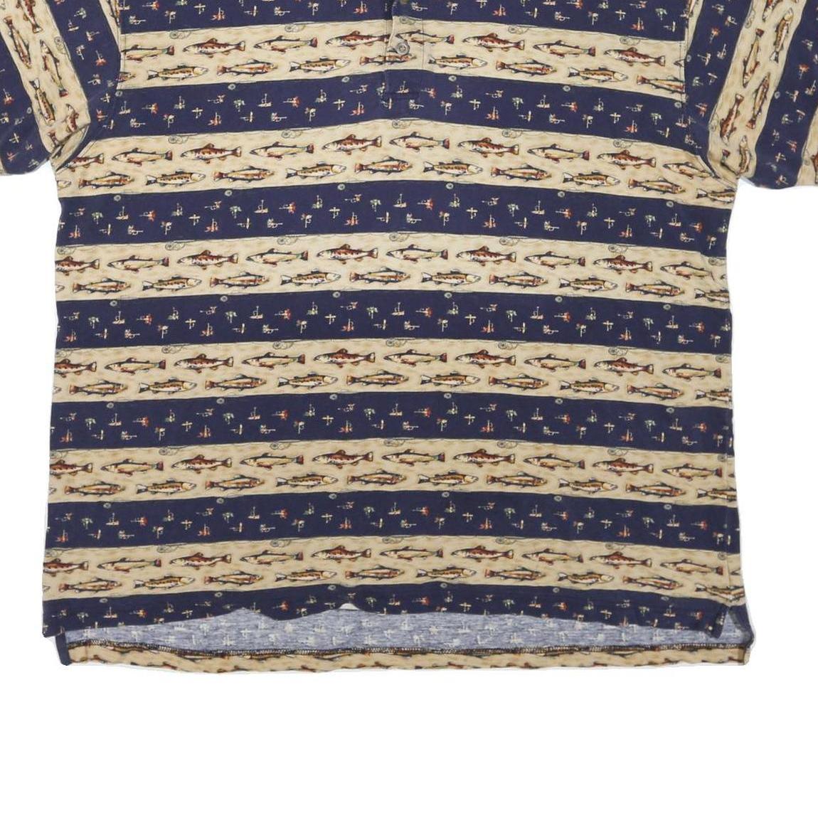 WOOLRICH Mens Navy & Beige Fish Pattern Short Sleeve Polo Shirt XL Casual Cotton