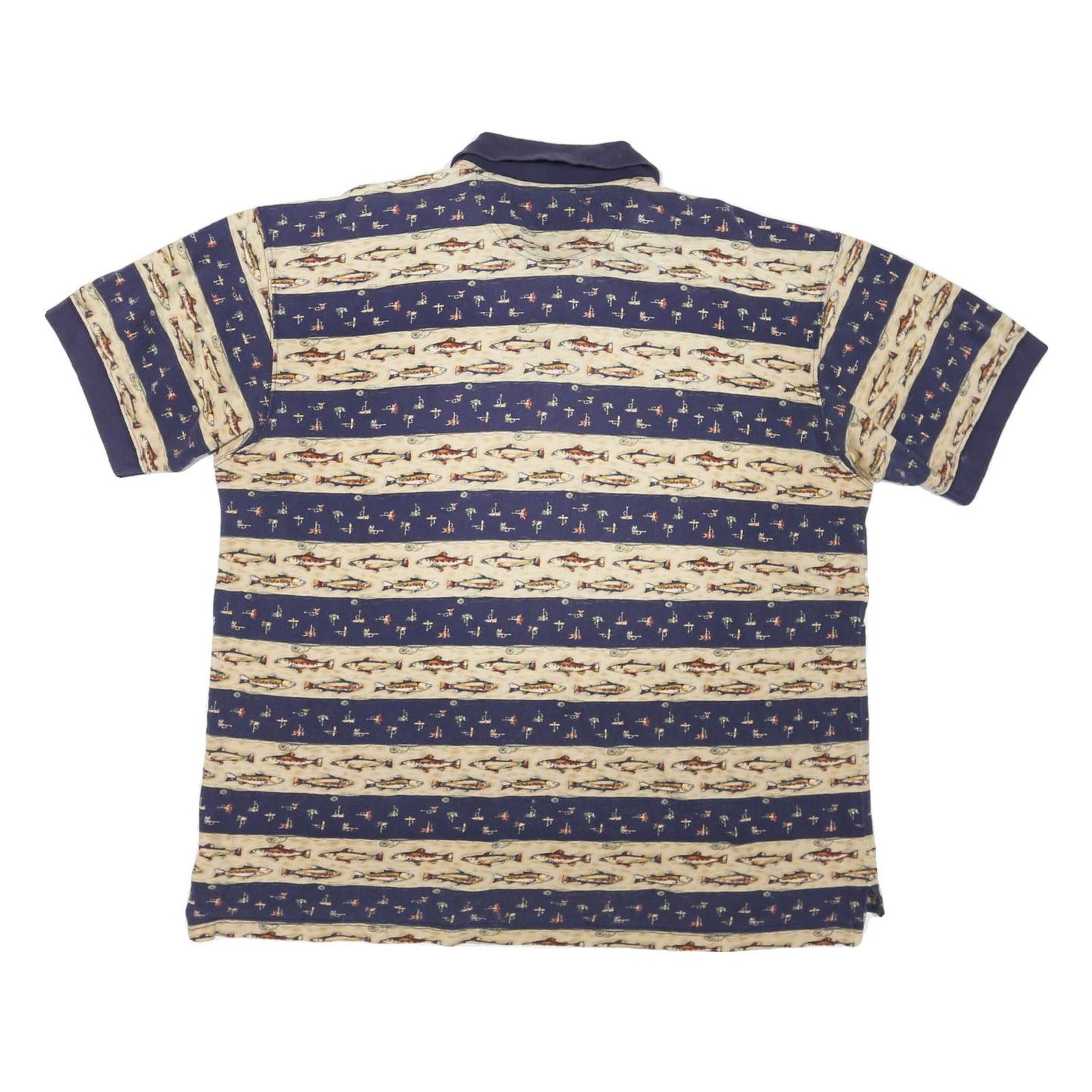 WOOLRICH Mens Navy & Beige Fish Pattern Short Sleeve Polo Shirt XL Casual Cotton