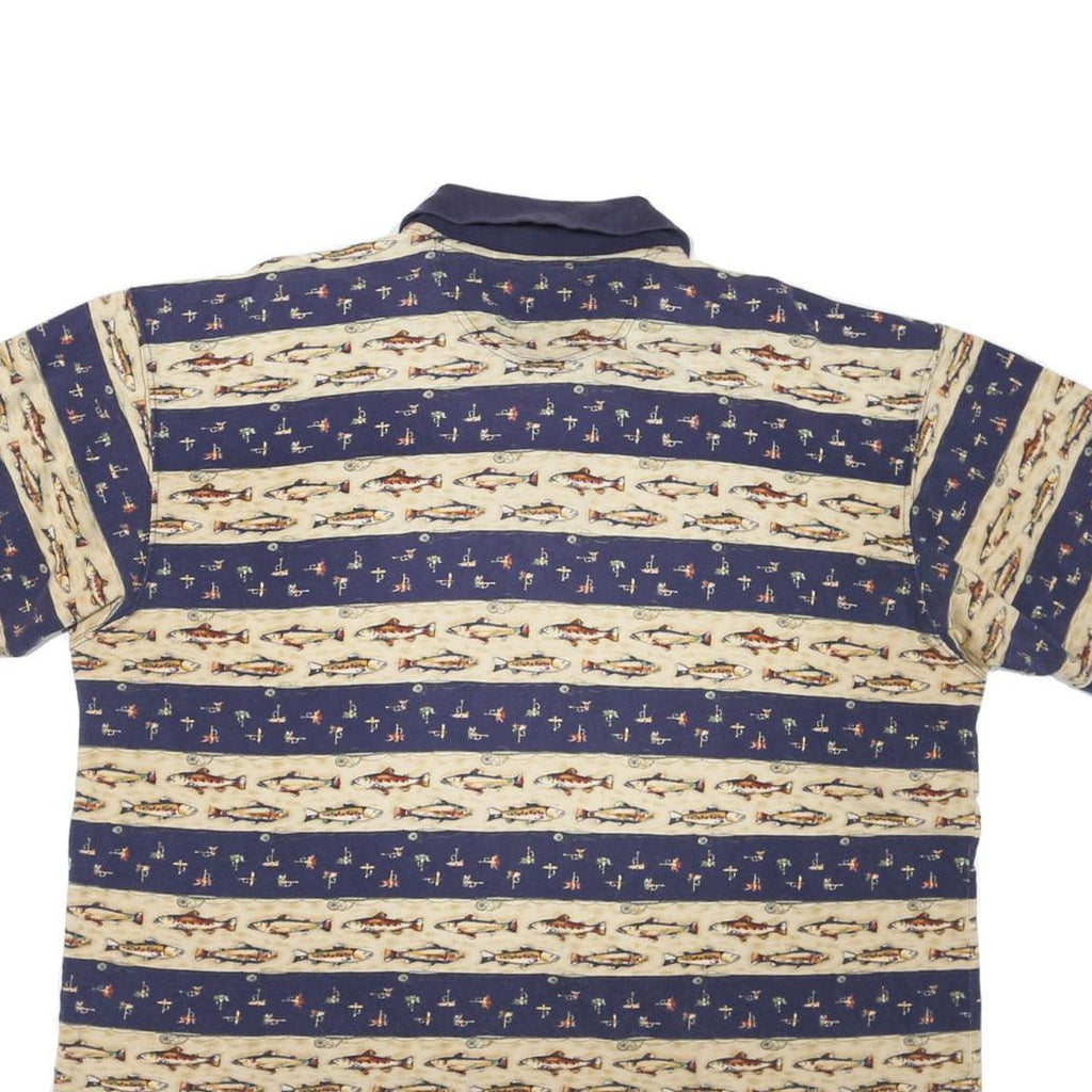 WOOLRICH Mens Navy & Beige Fish Pattern Short Sleeve Polo Shirt XL Casual Cotton