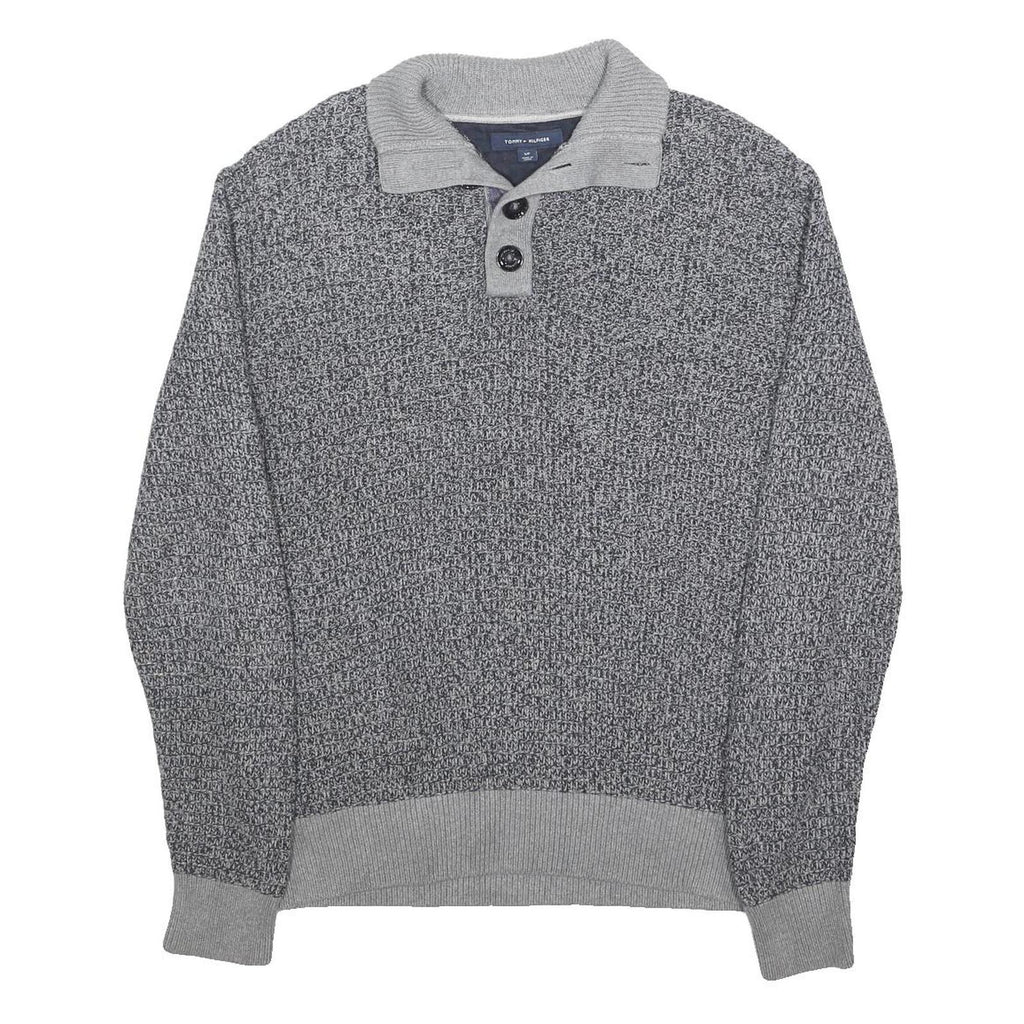 TOMMY HILFIGER Mens Grey Button Up Patterned Crew Neck Basic Knit Jumper S