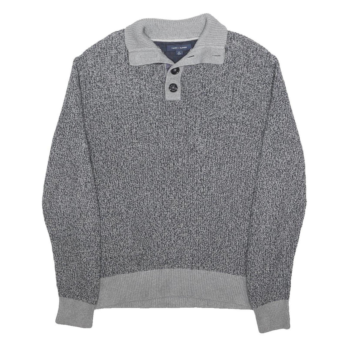 TOMMY HILFIGER Mens Grey Button Up Patterned Crew Neck Basic Knit Jumper S
