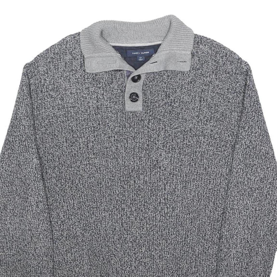 TOMMY HILFIGER Mens Grey Button Up Patterned Crew Neck Basic Knit Jumper S