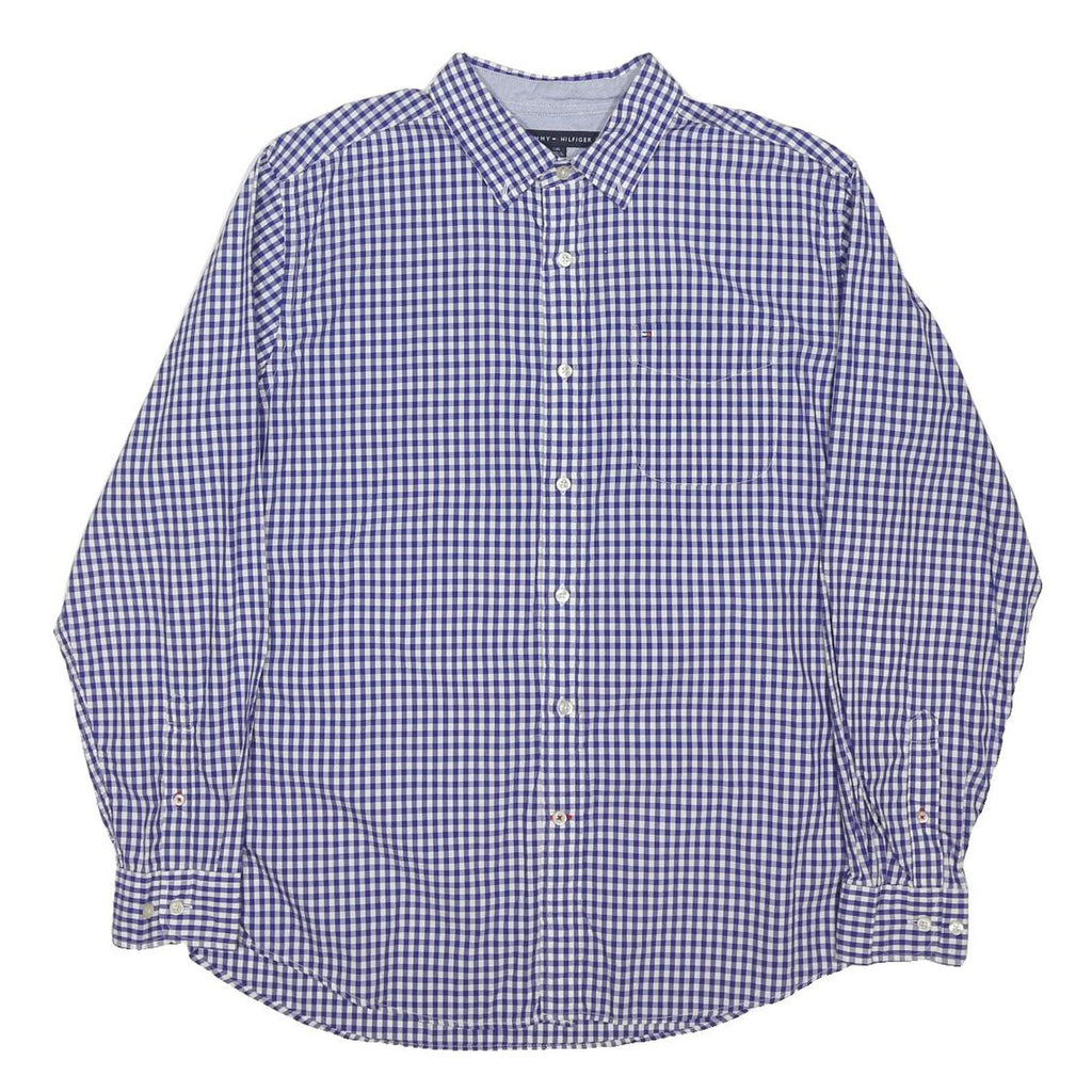 TOMMY HILFIGER Mens Blue & White Checked Shirt L Cotton Blend Long Sleeve Casual