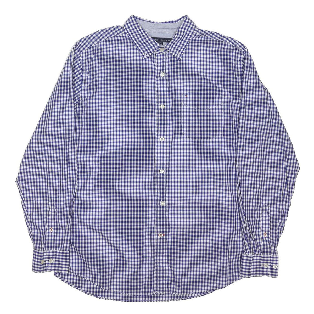 TOMMY HILFIGER Mens Blue & White Checked Shirt L Cotton Blend Long Sleeve Casual