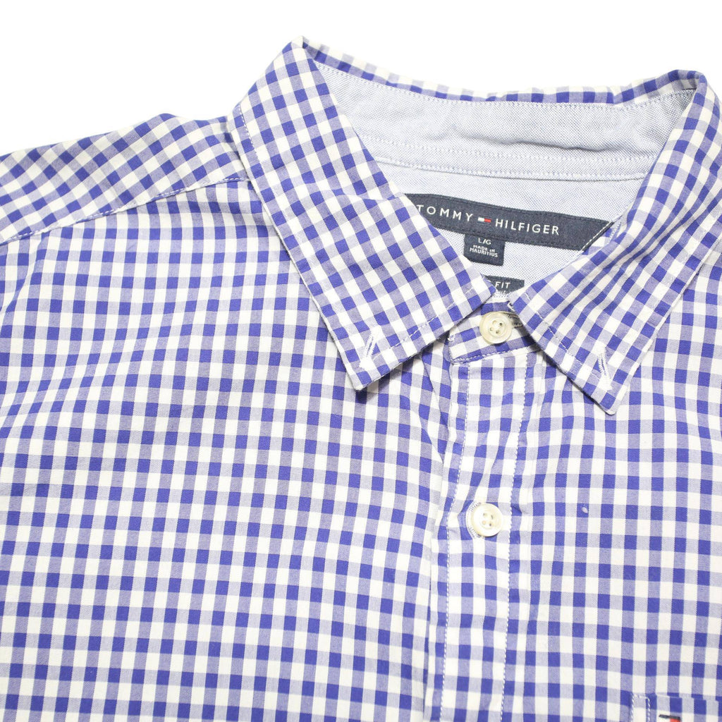 TOMMY HILFIGER Mens Blue & White Checked Shirt L Cotton Blend Long Sleeve Casual