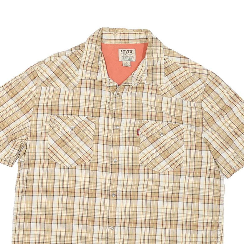 LEVI'S Mens Beige & Brown Check Shirt Cotton Blend L Casual Short Sleeve
