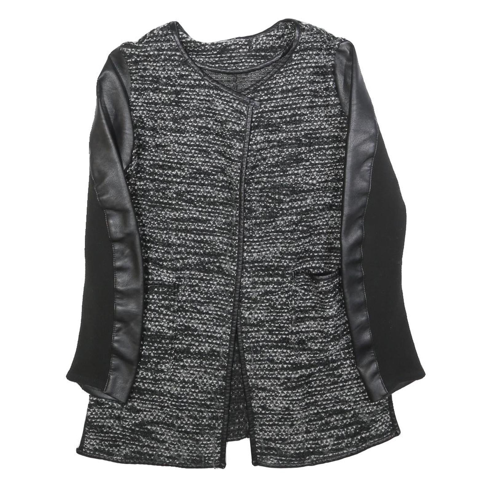 Womens Black & Grey Tweed Textured Jacket S Faux Leather Sleeves Open Front