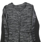 Womens Black & Grey Tweed Textured Jacket S Faux Leather Sleeves Open Front
