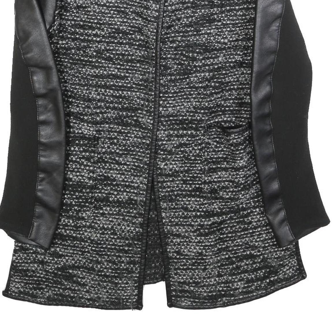 Womens Black & Grey Tweed Textured Jacket S Faux Leather Sleeves Open Front