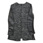 Womens Black & Grey Tweed Textured Jacket S Faux Leather Sleeves Open Front