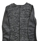 Womens Black & Grey Tweed Textured Jacket S Faux Leather Sleeves Open Front