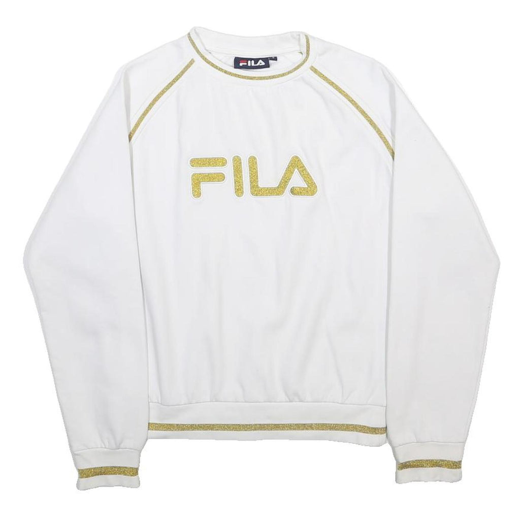 FILA Womens White & Gold Sweatshirt Crew Neck S Cotton Blend Logo Pullover