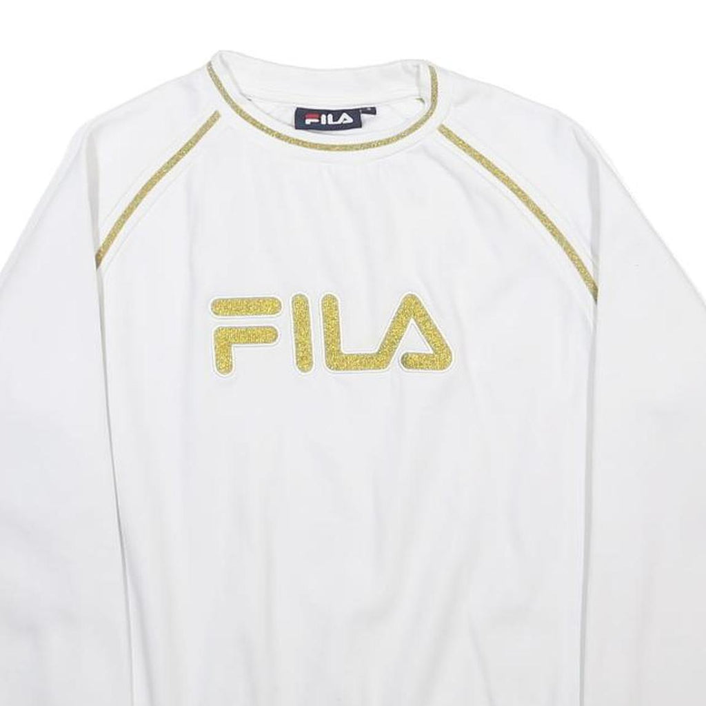 FILA Womens White & Gold Sweatshirt Crew Neck S Cotton Blend Logo Pullover