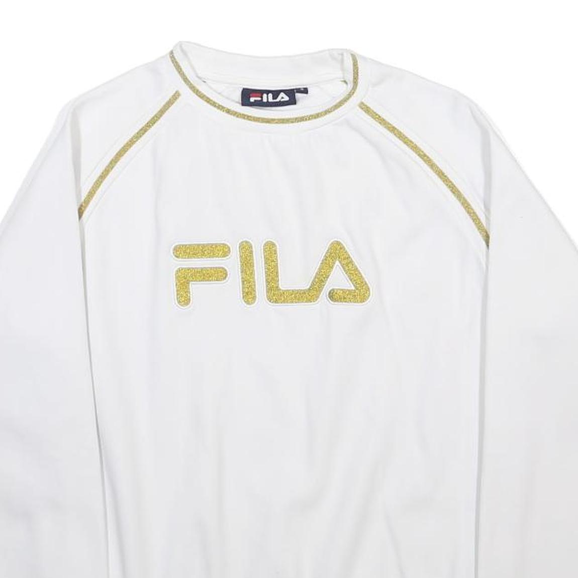 FILA Womens White & Gold Sweatshirt Crew Neck S Cotton Blend Logo Pullover