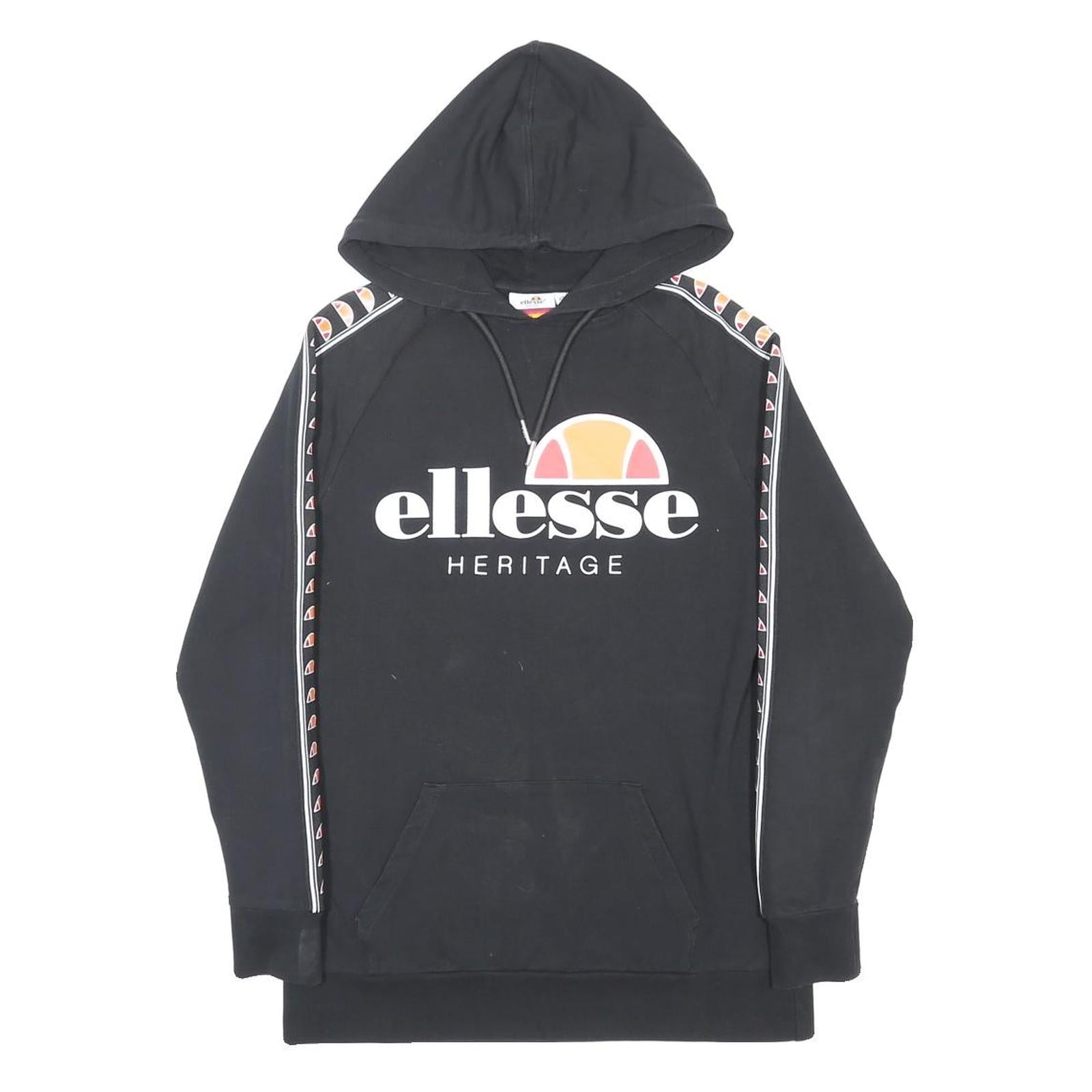 ELLESSE Mens Black Cotton Blend Hoodie XS Logo Tape Sleeve Heritage Pullover