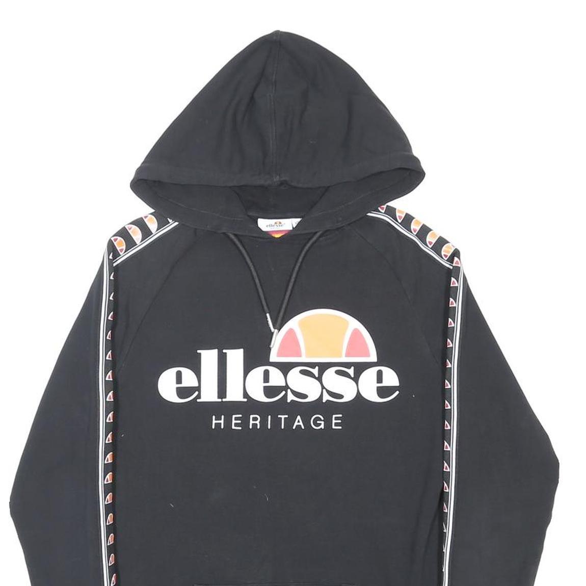 ELLESSE Mens Black Cotton Blend Hoodie XS Logo Tape Sleeve Heritage Pullover