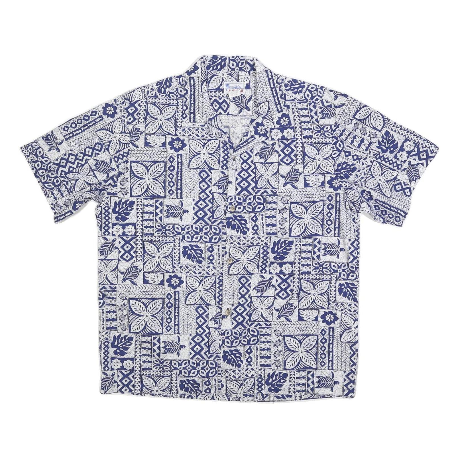 HAWAII Mens Blue & White Patterned Cotton Blend Shirt L Hawaiian Style
