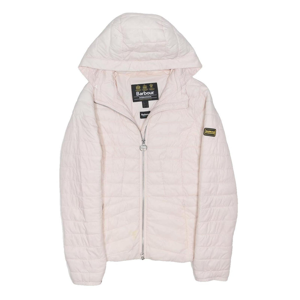 BARBOUR Womens White Pink Hooded Down Jacket UK 8 Quilted Zip Closure