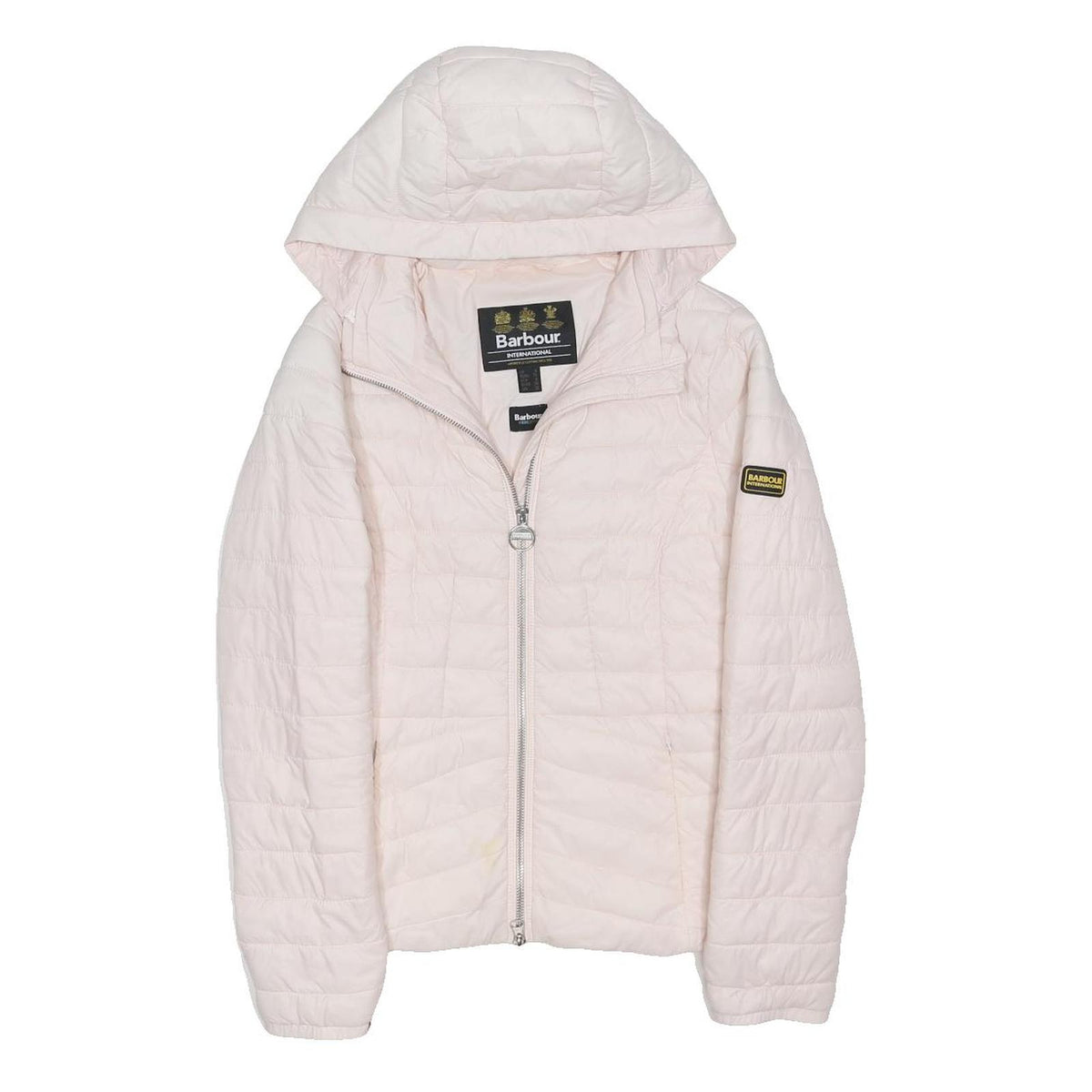 BARBOUR Womens White Pink Hooded Down Jacket UK 8 Quilted Zip Closure