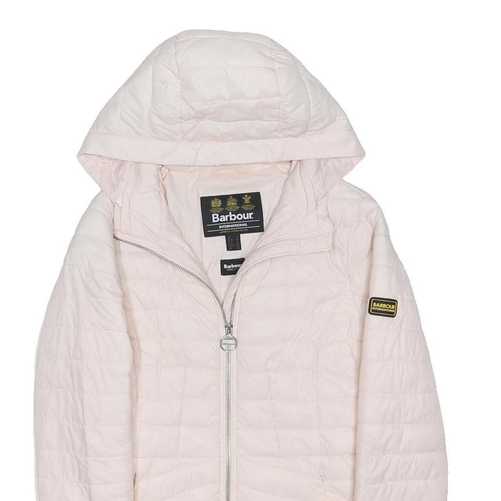 BARBOUR Womens White Pink Hooded Down Jacket UK 8 Quilted Zip Closure