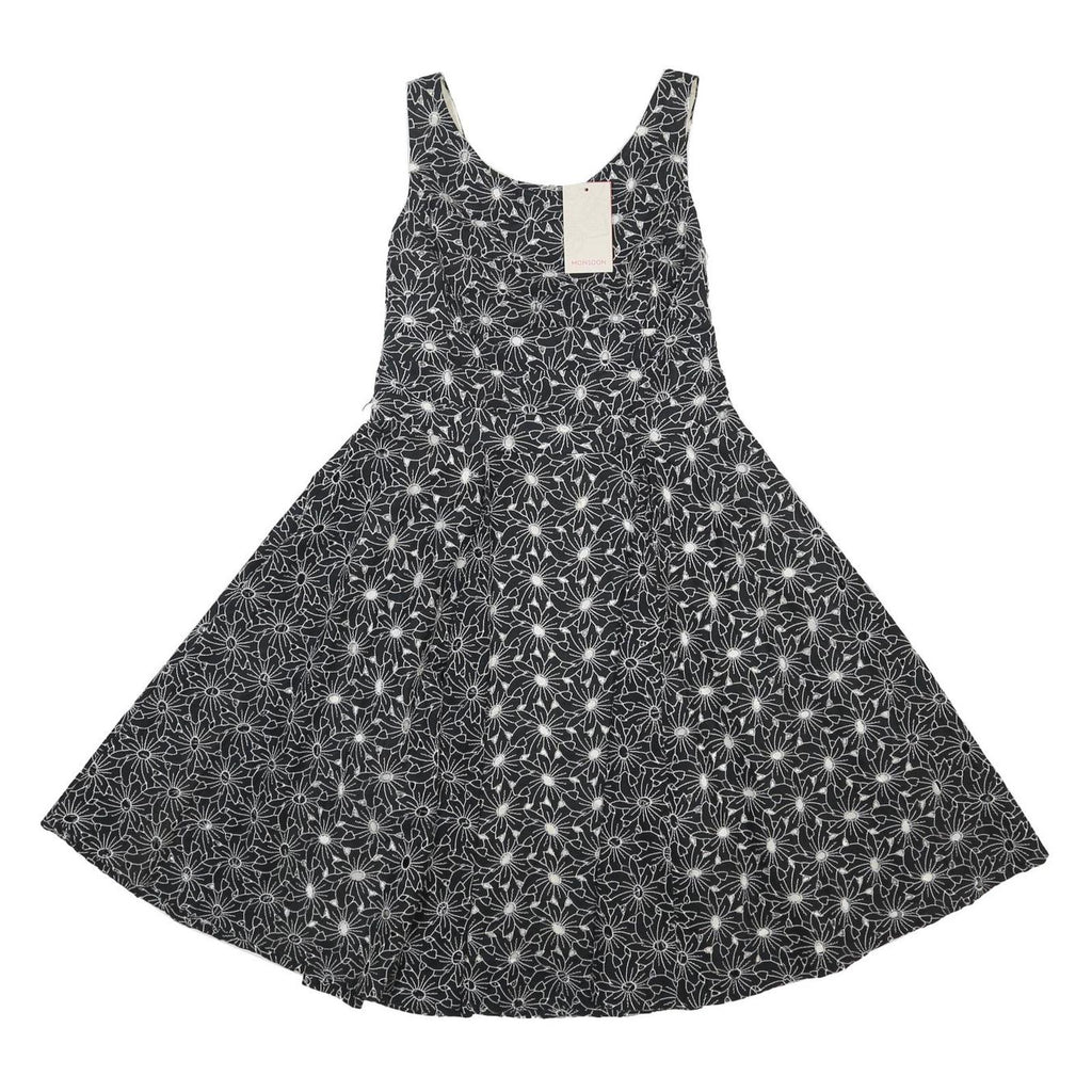 MONSOON Womens Black & White Floral Fit & Flare Cotton Dress UK 12 Sleeveless