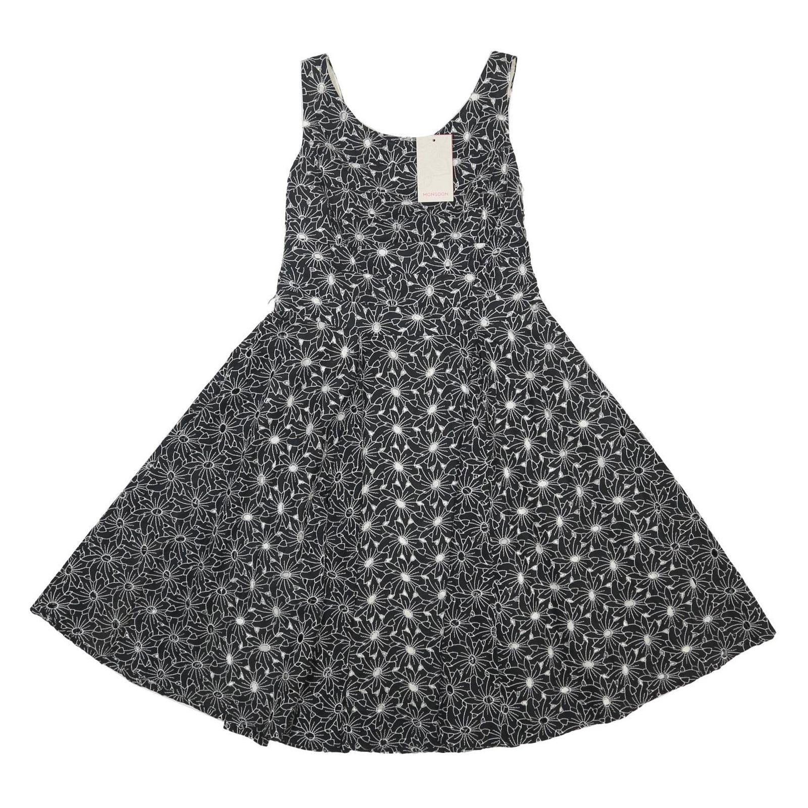 MONSOON Womens Black & White Floral Fit & Flare Cotton Dress UK 12 Sleeveless