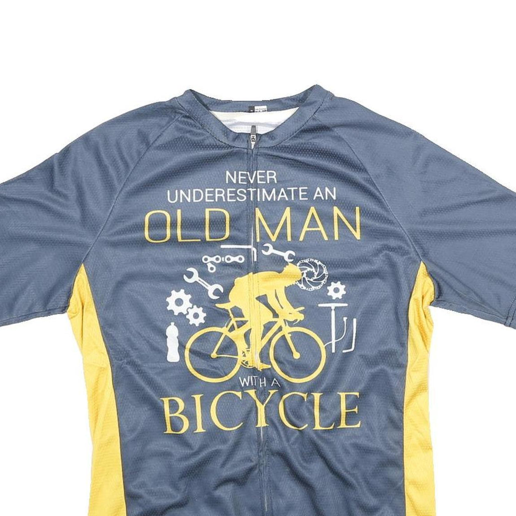 Mens Blue & Yellow Cycling Graphic T-Shirt M Short Sleeve Crew Neck Old Man