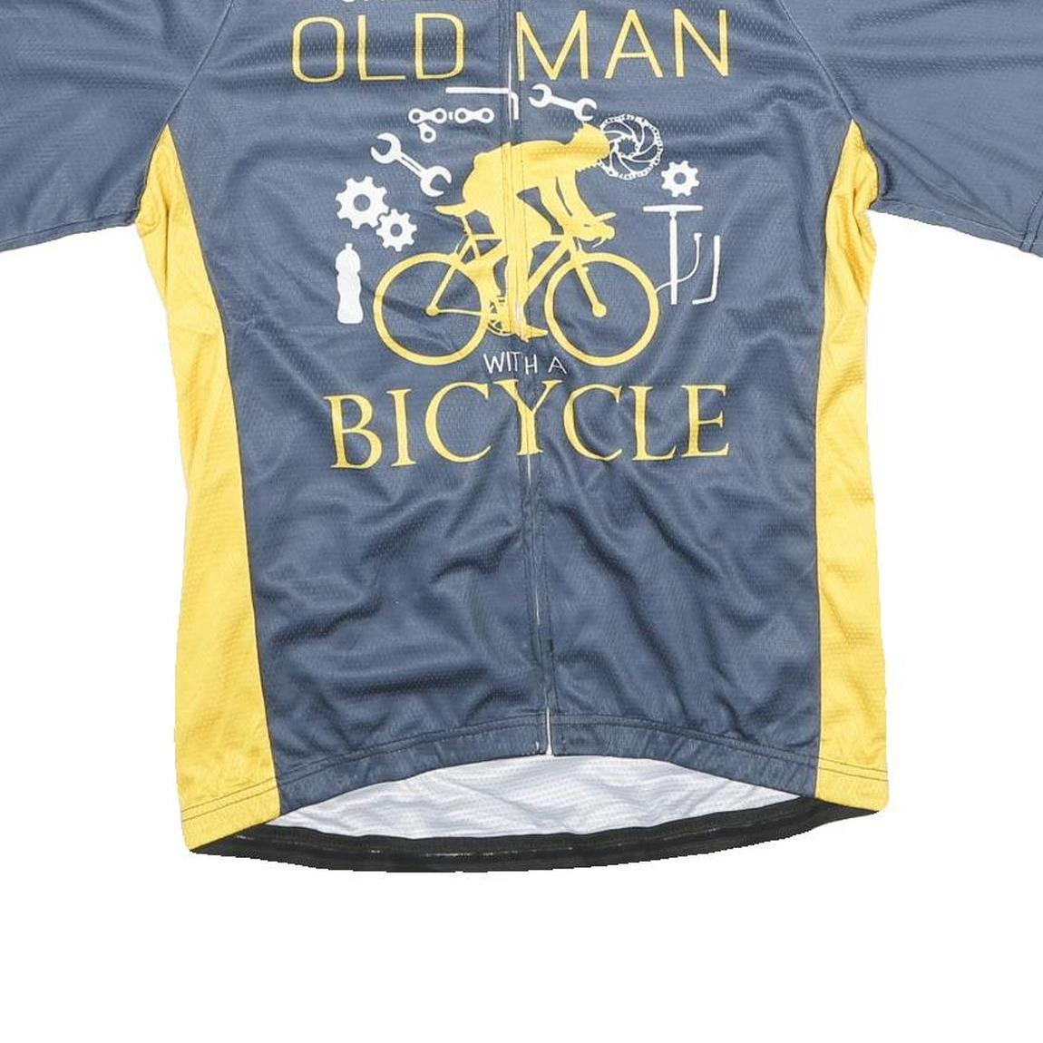 Mens Blue & Yellow Cycling Graphic T-Shirt M Short Sleeve Crew Neck Old Man