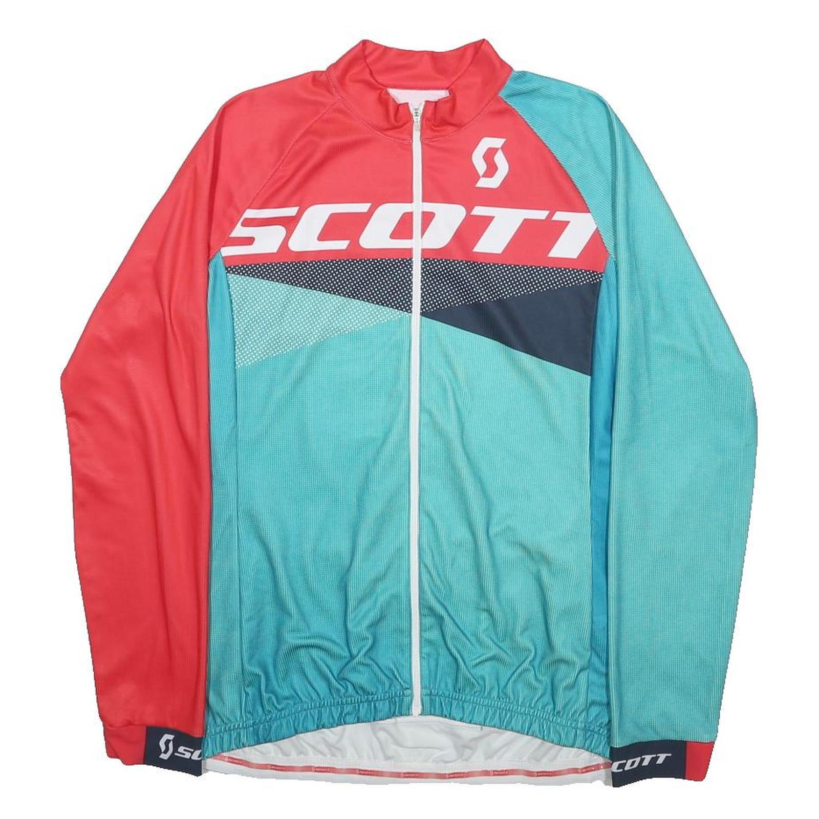 SCOTT Womens Red & Blue Cycling T-Shirt L Long Sleeve Zip Neckline Sports