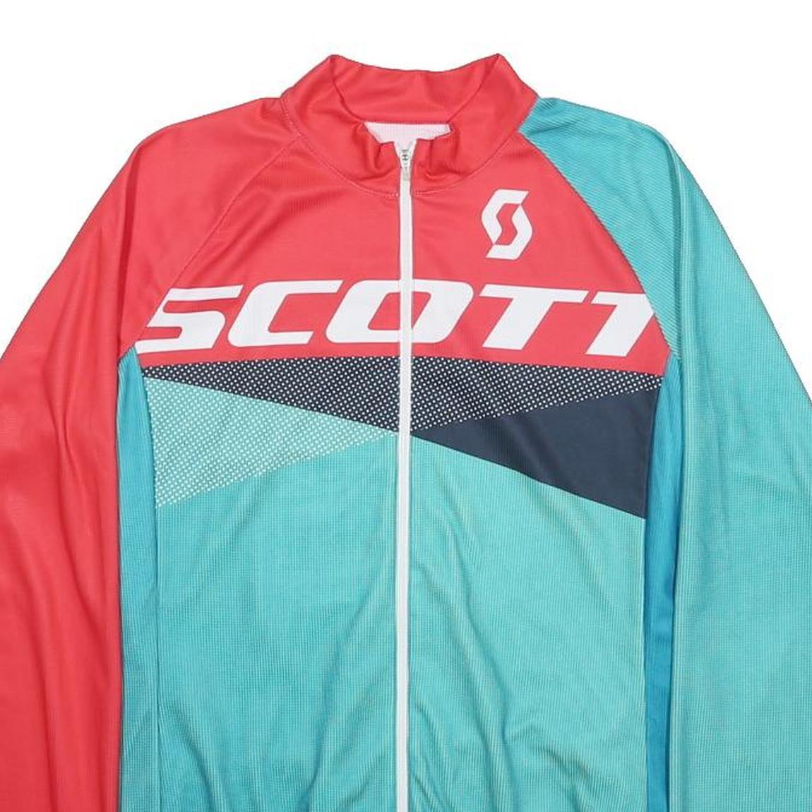 SCOTT Womens Red & Blue Cycling T-Shirt L Long Sleeve Zip Neckline Sports