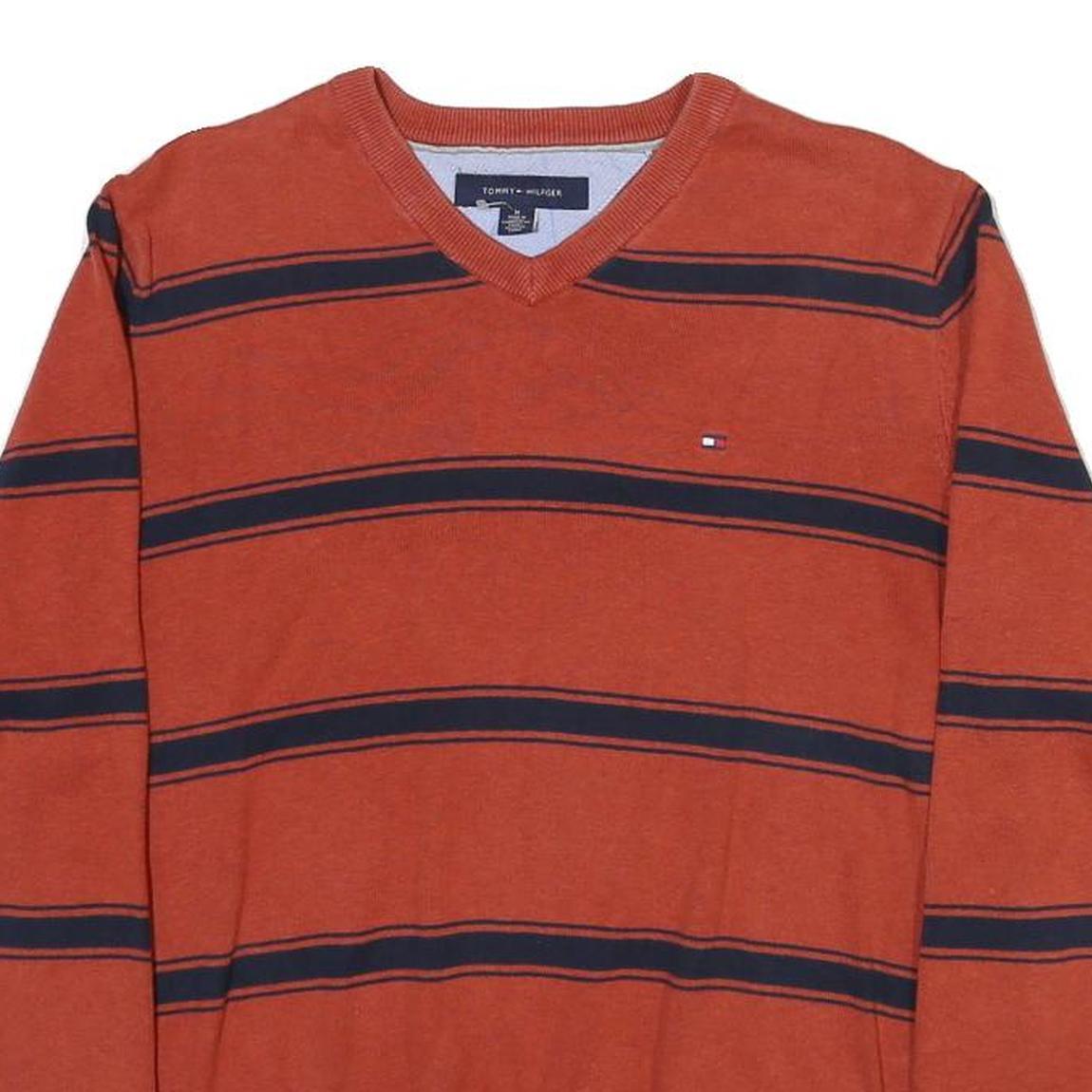 TOMMY HILFIGER Mens Rust & Navy Striped Patterned Cotton Blend Jumper V Neck