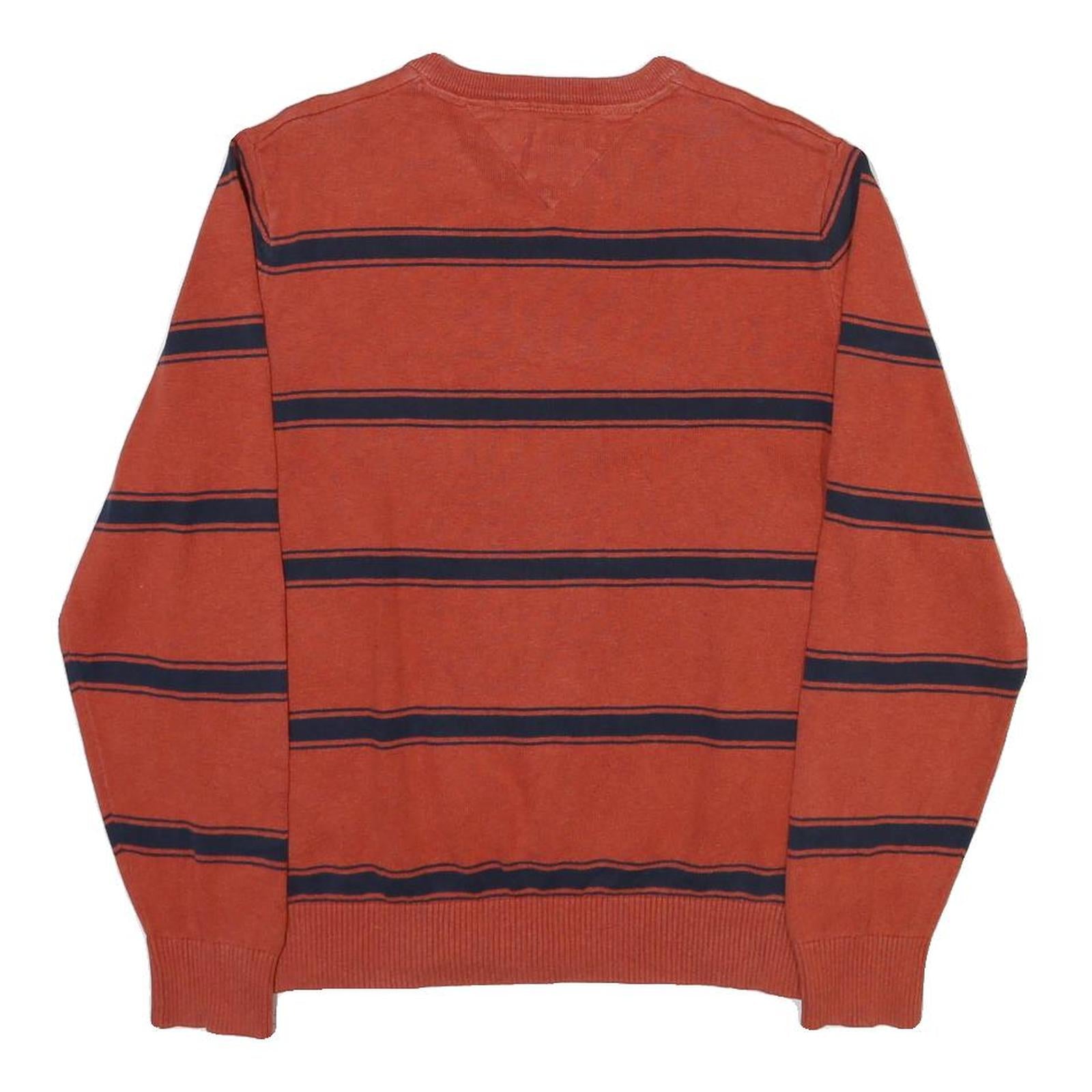 TOMMY HILFIGER Mens Rust & Navy Striped Patterned Cotton Blend Jumper V Neck