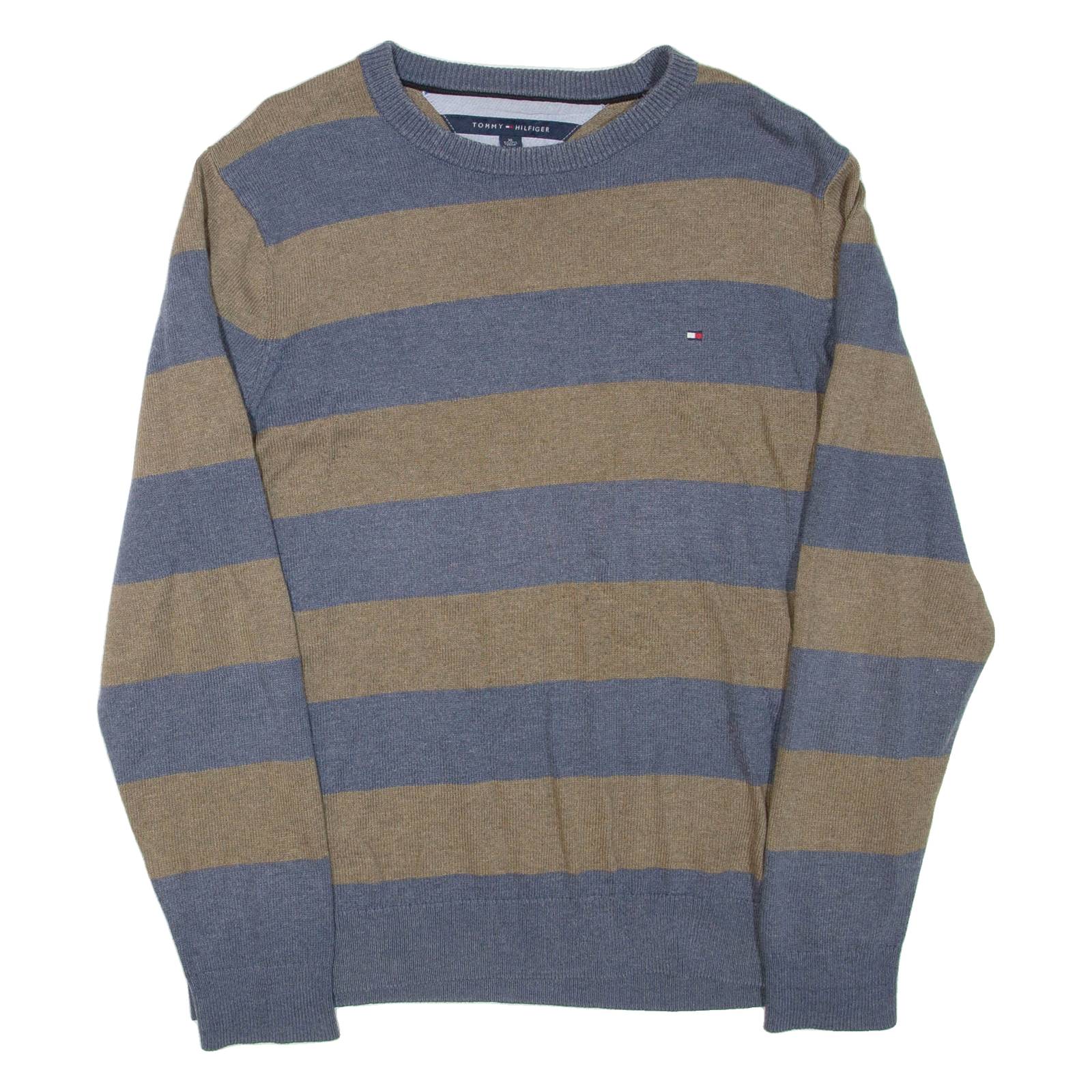 TOMMY HILFIGER Mens Patterned Jumper Blue Striped Tight Knit XL