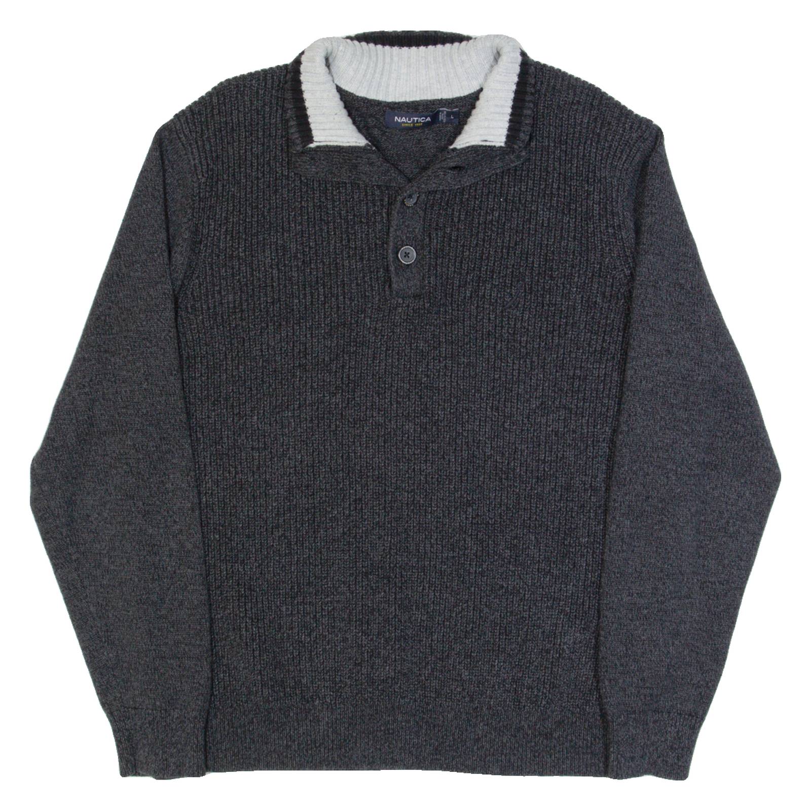 NAUTICA Mens Jumper Grey Button Neck Tight Knit L