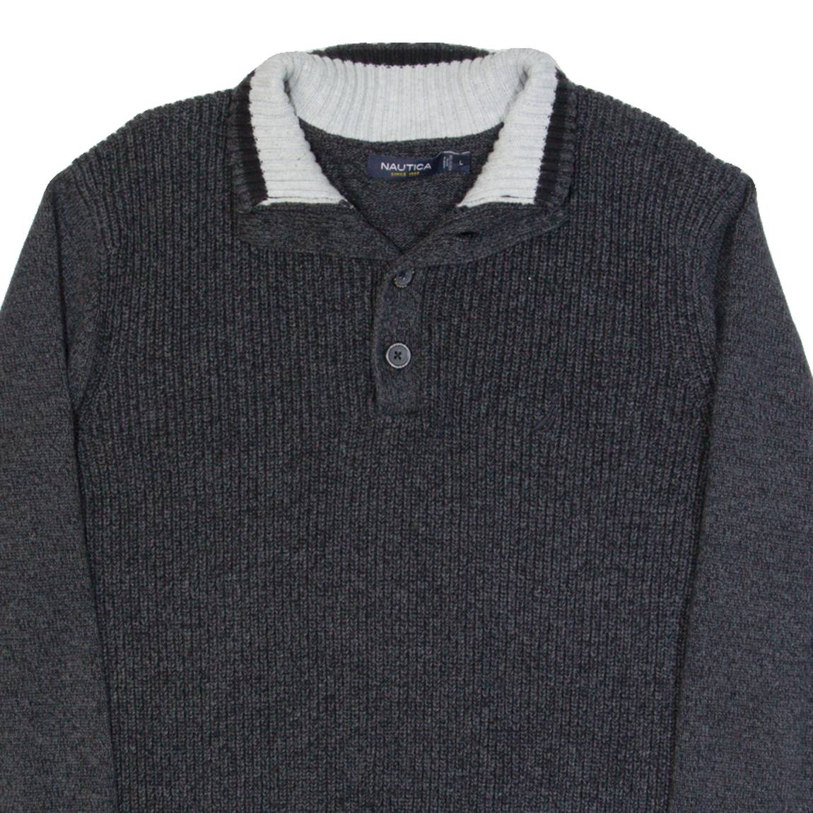 NAUTICA Mens Jumper Grey Button Neck Tight Knit L