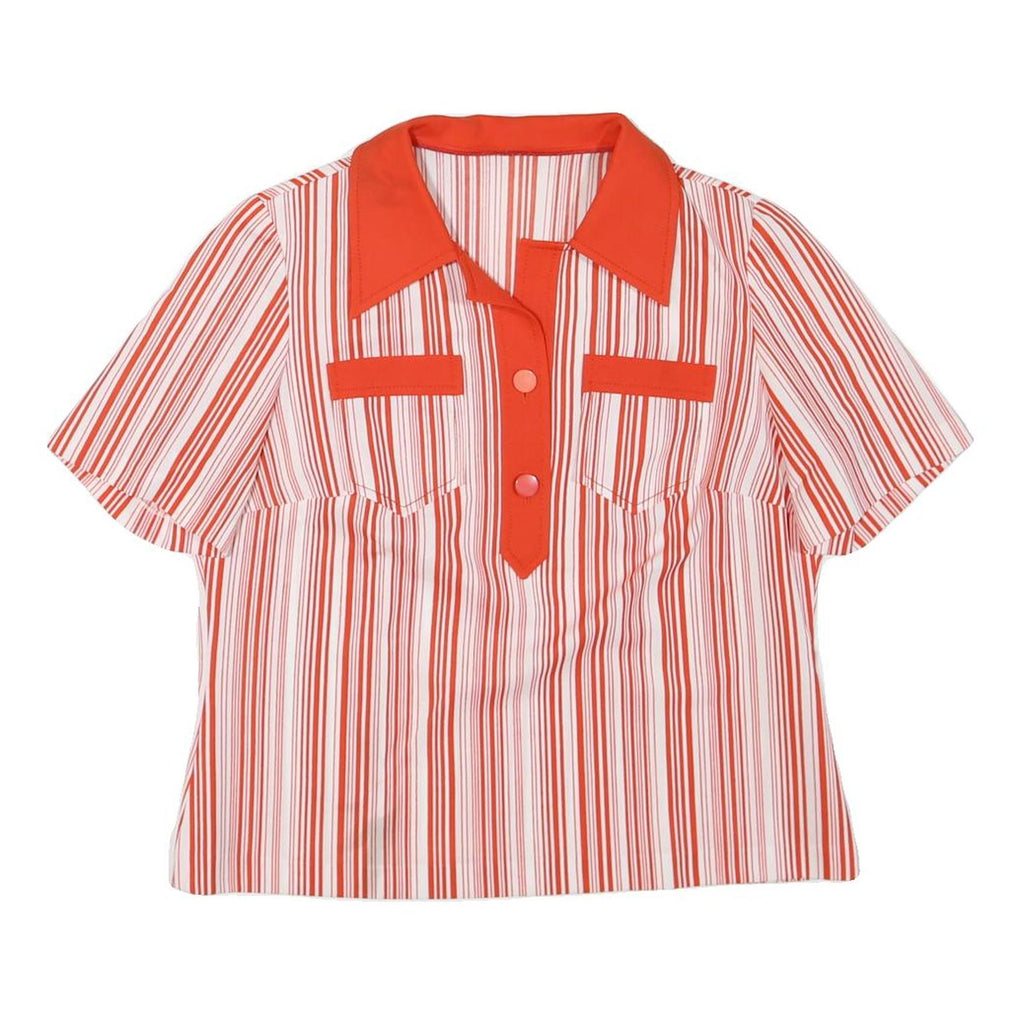Womens Red & White Striped Basic Top Short Sleeve Collared Shirt L Button Detail