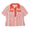 Womens Red & White Striped Basic Top Short Sleeve Collared Shirt L Button Detail