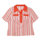 Womens Red & White Striped Basic Top Short Sleeve Collared Shirt L Button Detail