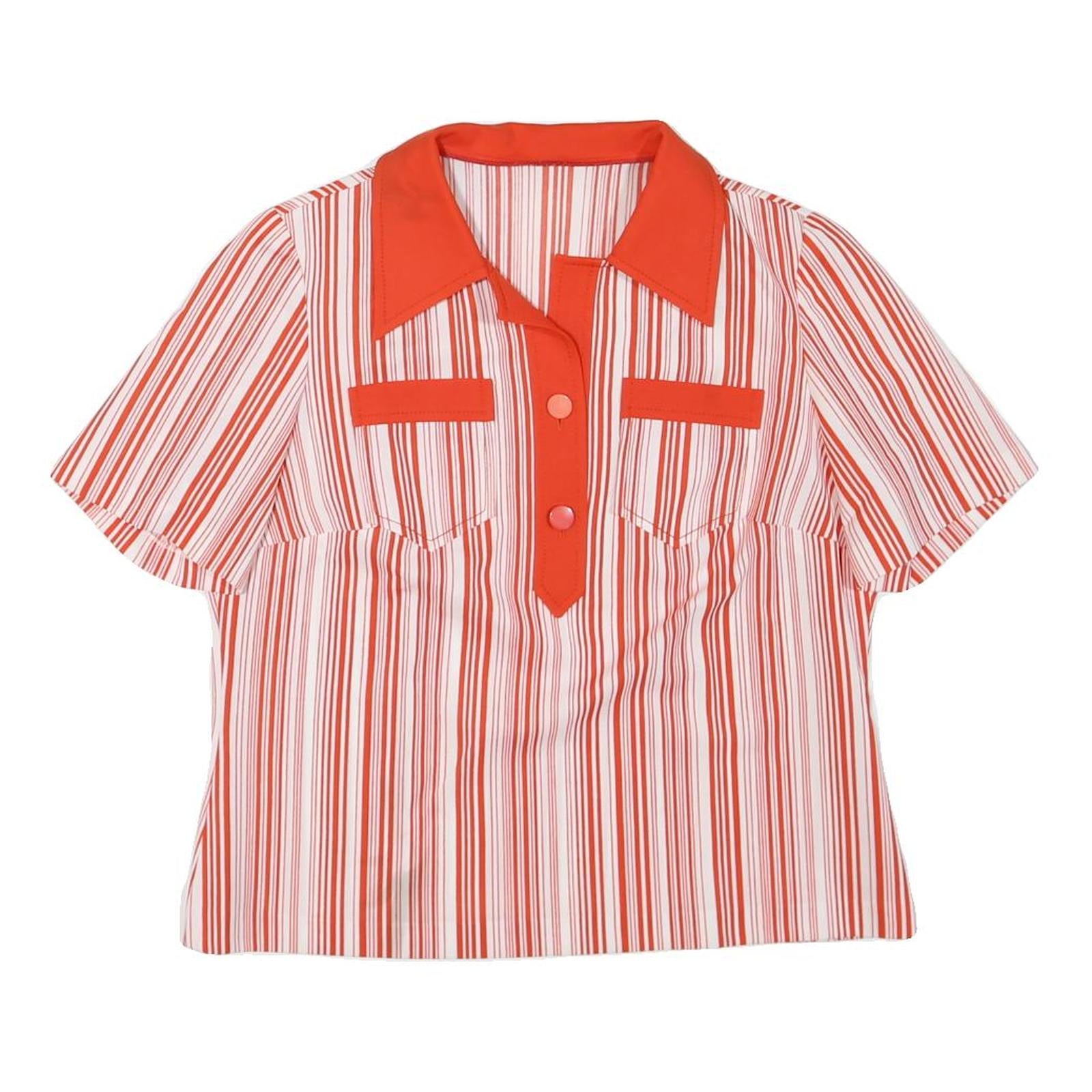 Womens Red & White Striped Basic Top Short Sleeve Collared Shirt L Button Detail