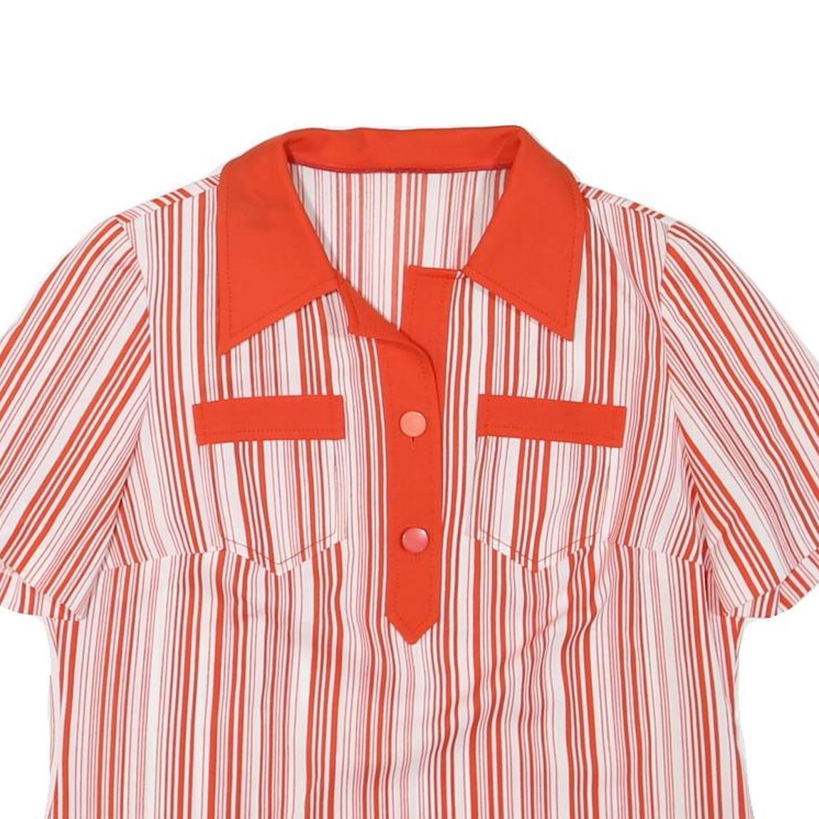 Womens Red & White Striped Basic Top Short Sleeve Collared Shirt L Button Detail