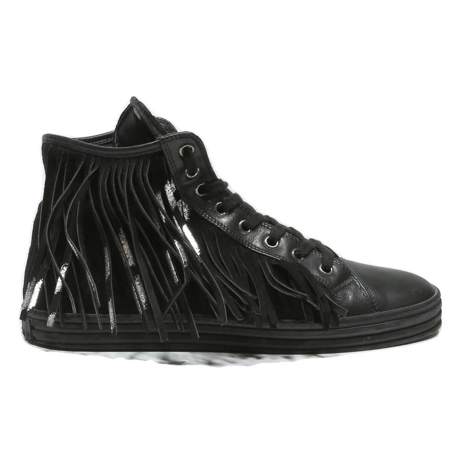 HOGAN Women’s Fringe Lace-Up Black Leather High Top Trainers UK 5.5 Stylish