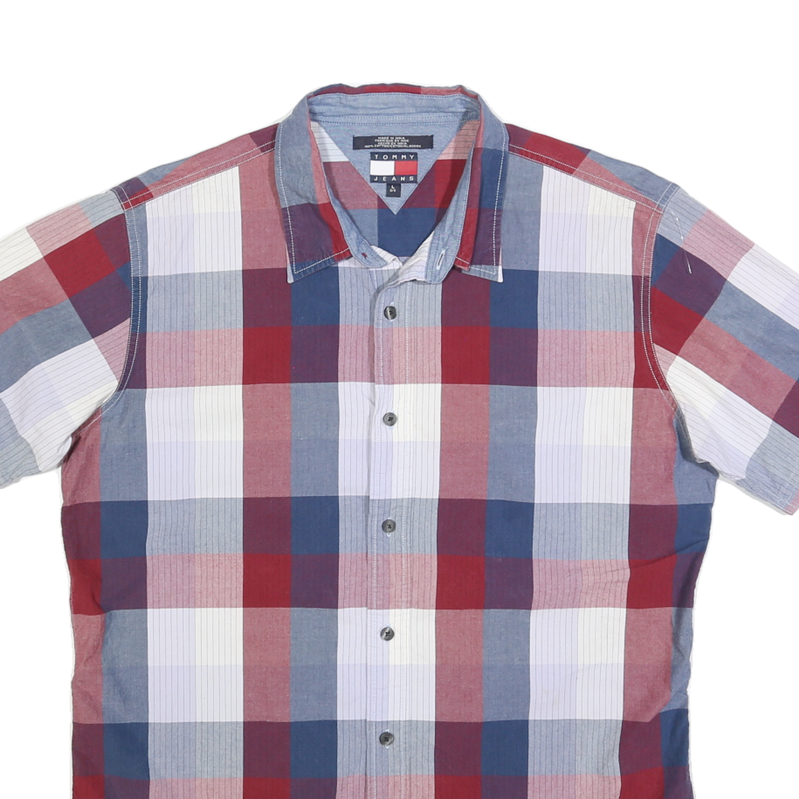 TOMMY HILFIGER Mens Blue Red White Check Shirt M Cotton Blend Summer Casual
