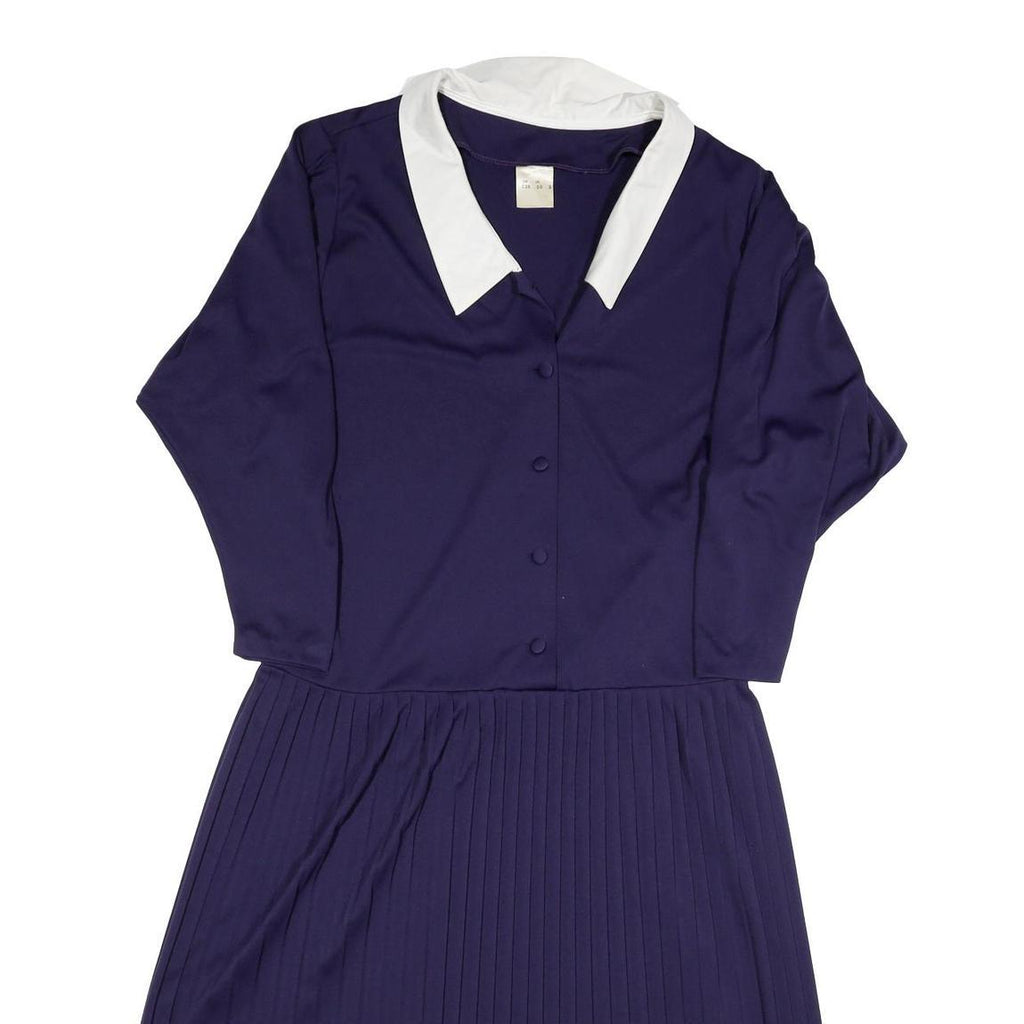 Womens Navy Blue Dress Polyester Blend Pleated Midi UK 10 Button Collar Retro